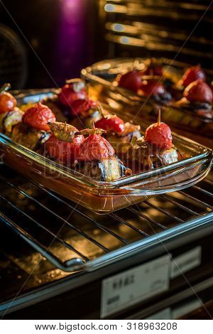 Turkish Islim Kofta Kebab With Meatballs And Cherry Tomatoes Wrapped In Eggplant / Aubergine Slices