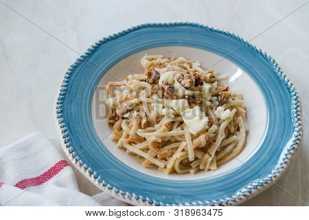 Turkish Homemade Food Noodle / Eriste With Cheese And Walnuts.