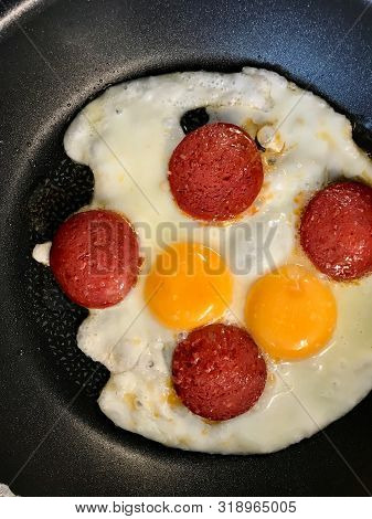 Turkish Breakfast Sucuk With Frying Eggs In Pan / Salami Or Sujuk