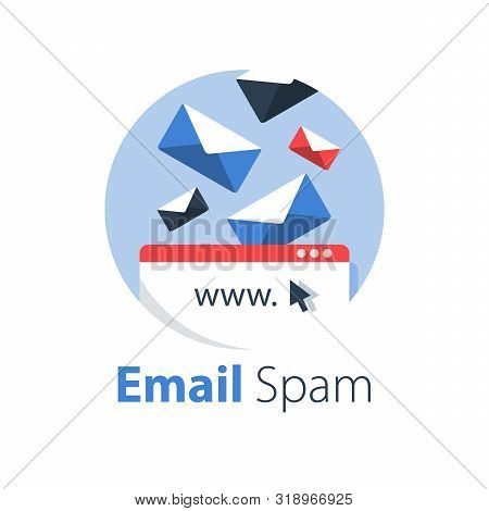 Email Management, Spam Letters Falling, Overfull Inbox, Vector Flat Illustration