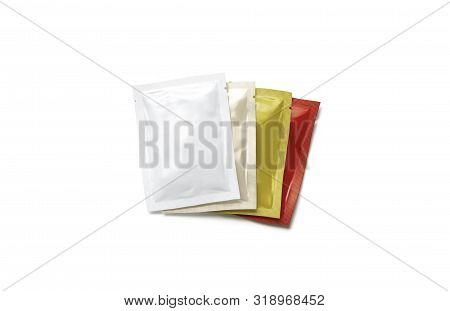 Blank White, Red, Beige And Yellow Sachet Packet Stack Mockup Set, 3d Rendering. Empty Spicy Flavoti