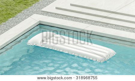 Blank White Swim Mattress On Blue Water In Pool Mockup, 3d Rendering. Empty Swimming Matress In Hote