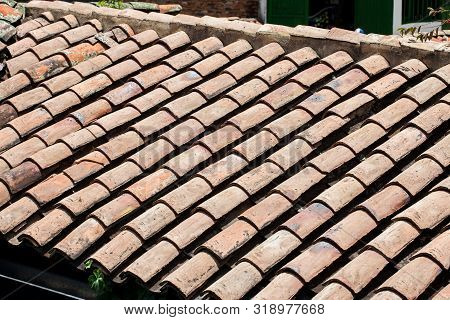 Antique Clay Roof Tiles Of The Historical Houses In The Small Town Of Mongui In Colombia