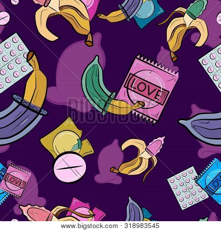 Safe Sex Seamless Pattern With Condoms. Colorful Condom. Banana With Condom. Vector Illustration.