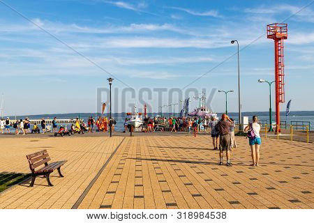 Krynica Morska, Pomorskie / Poland - August, 26, 2019: Fishing Port On The Vistula Lagoon. Harbor Bu