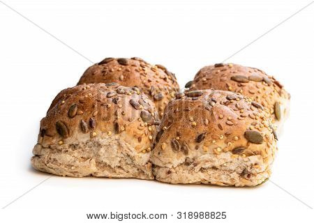 Wholemeal  Multiseeds Batch Rolls Isolated On White Batch Of Four
