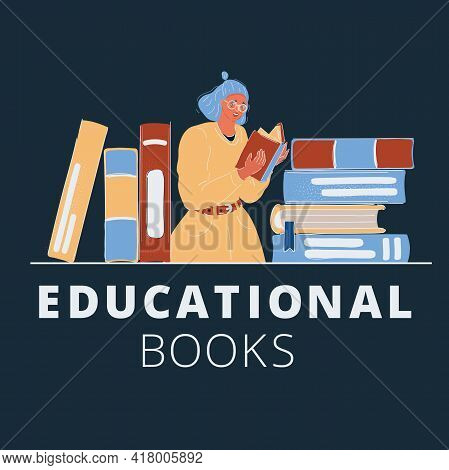 Vector Illustration Of Reading Girl. Stuck Of Books Arround.