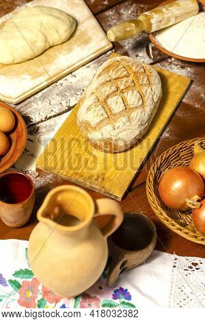 Food Ingredients Prepared In Village Environment For Bread Baking Indoors.