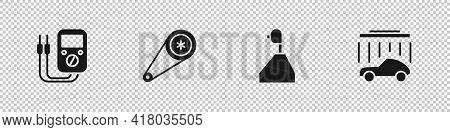 Set Multimeter, Timing Belt Kit, Gear Shifter And Car Wash Icon. Vector