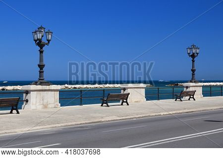 Lungomare Boulevard In Bari Town, Italy. Mediterranean Coast Promenade.