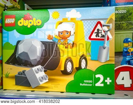 Lego Bricks Duplo Bulldozer For Sale In The Hypermarket On 11.04. 2021 In Russia, Kazan, St. Pavlyuk