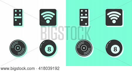 Set Billiard Pool Snooker Ball, Domino, Vinyl Disk And Wi-fi Wireless Internet Network Icon. Vector