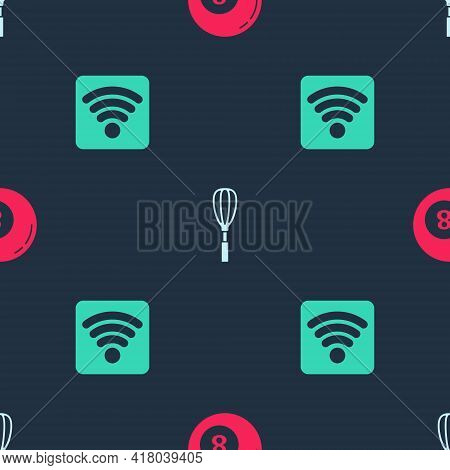 Set Billiard Pool Snooker Ball, Kitchen Whisk And Wi-fi Wireless Internet Network On Seamless Patter