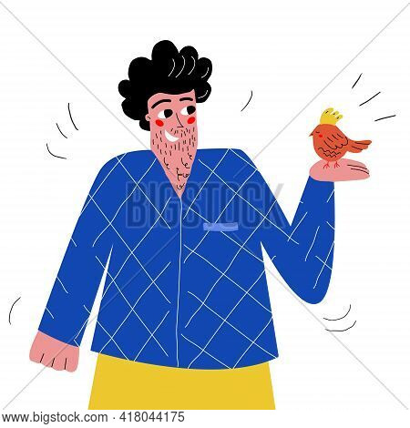 A Hand-drawn Stylized Man With Stubble Holds A Small Bird In His Hands. Careful Attitude To Animals.