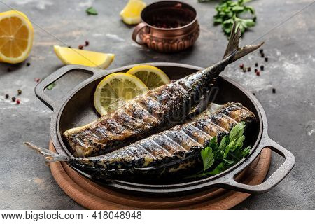 Grilled Mackerel With Lemon Herbs And Spices, Banner, Menu Recipe Place For Text, Top View,