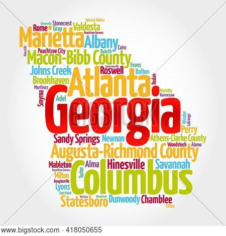 List Of Cities In Georgia Usa State, Map Silhouette Word Cloud Map Concept