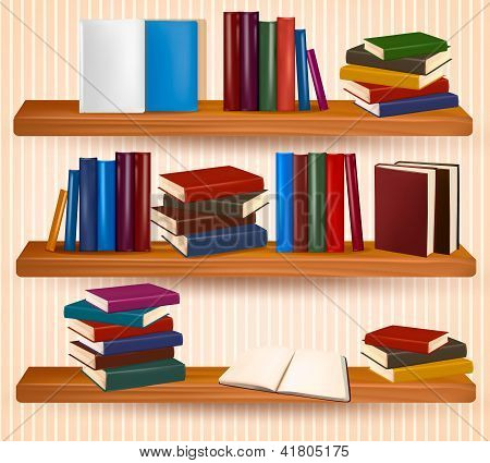 Scaffale con libri colorati e orologio. Illustrazione vettoriale.