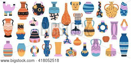 Ceramic Vases. Porcelain Ceramic Vase, Minimalist Antique Pottery Isolated Hand Drawn Vector Illustr