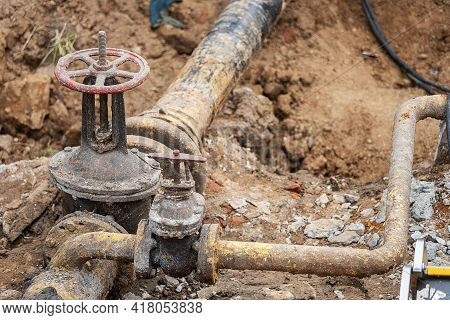 Emergency Services, The Repair Team Provides Safety During The Replacement Of Pipes, Old Communicati