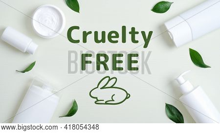 Frame Of Organic Cosmetics Containers And Green Leaves. Cruelty Free Beauty Products. No Animal Test
