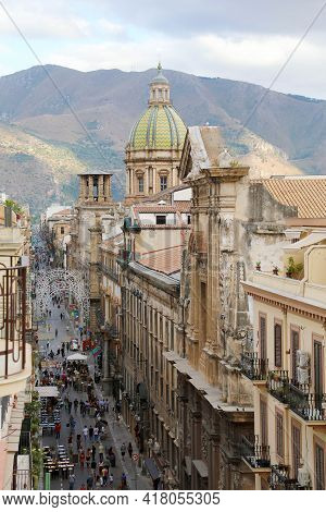 Palermo, Italy - July 4, 2020: View From Top Of Via Maqueda Street In Palermo, Sicily, Italy