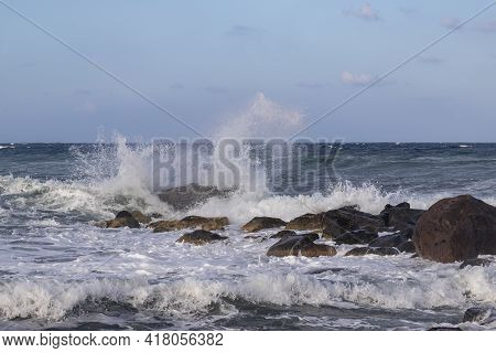 Beautiful Black Beach With Coast And Sea In Vlichada With Blue Sky Background With White Clouds And 