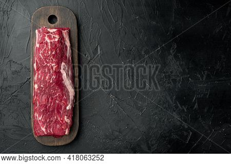 Beef Fillet Mignon Cut Raw Set, On Black Stone Background, Top View Flat Lay, With Copy Space For Te