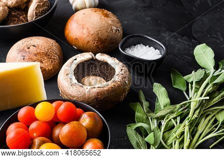 Garlicky Portabello Mushrooms Ingredients For Baking, Cheddar Cheese And Sage  On Black Background. 