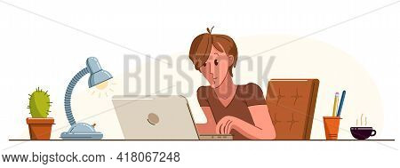 Young Man Office Worker Pensive Concentrated On Her Work Vector Flat Illustration Isolated, Serious 