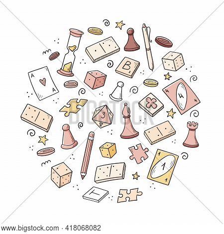 Hand Drawn Set Of Board Game Element, Cards, Chess, Hourglass, Chips, Dice, Dominoes. Doodle Sketch 