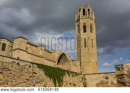 Lleida, Spain, May 1, 2020 - Tower And Fortress Wall Of La Seu Vella Former Roman Catholic Cathedral