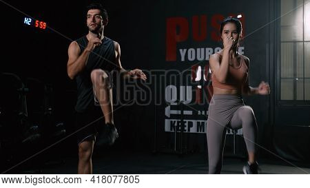Sporty Couple Cardio Exercise Burning Calorie Hiit And Squat In Fitness Gym Fit Body Healthy Lifesty
