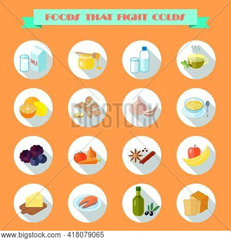Food That Fights Cold Flat Icons Set With Milk Honey Water Tea Isolated Vector Illustration