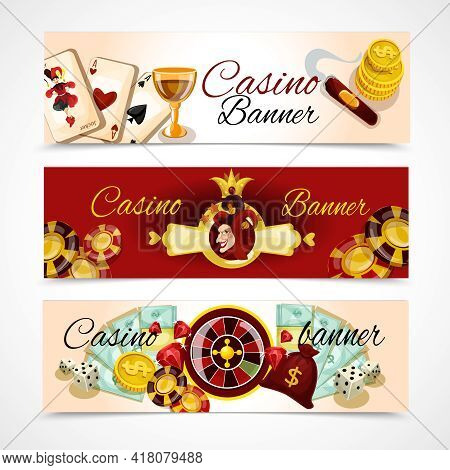 Casino Horizontal Banner Set With Roulette Dice Blackjack Poker Elements Isolated Vector Illustratio