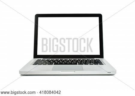 A Laptop Modern Style With Empty Blank White Screen Isolated On Scene White Background. Copy Space. 