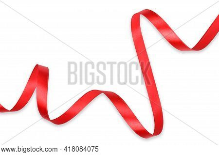 Clipping Path. Top View(flat Lay) Of Shiny Red Ribbon Rolled Isolated On Ehite Background View. Ribb