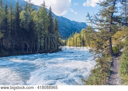 Beautiful Mountain River. Blue Kucherla River In Belukha National Park, Altai Mountains, Siberia, Ru