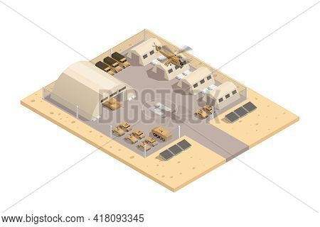 Beige Color Military Isometric Composition With With Helipad And Parking Guarded Area Vector Illustr