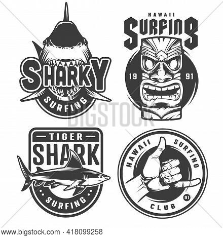 Vintage Surfing Monochrome Emblems With Sharks Hawaiian Tiki Mask And Surfer Shaka Hand Sign Isolate