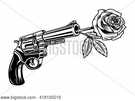 Revolver With Rose Isolated On White In Monochrome Style. Vector Colourful Illustration.