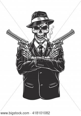 Skeleton Gangster With Revolvers In Suit. Vector Illustration