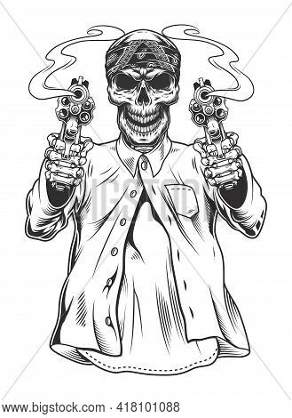Skeleton Gangster In Bandana With Revolvers. Vector Illustration