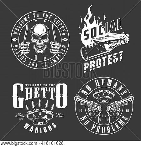 Set Of Gangster Emblems In Monochrome Style. Vector Illustration