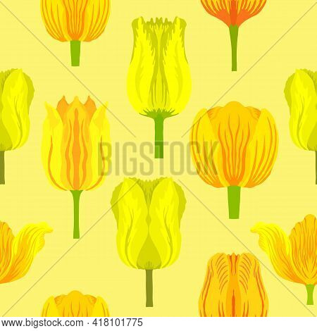 Seamless Pattern With Varietal Vibrant Yellow Tulips. Tulips Colorful Heads On The Light Yellow Back
