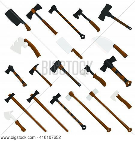 Illustration On Theme Big Kit Steel Axes With Wooden Handle, Metal Ax For Hunting. Pattern Ax Consis
