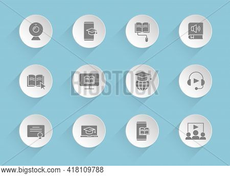 E-learning Vector Icons On Round Puffy Paper Circles With Transparent Shadows On Blue Background. E-