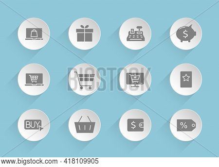 E-commerce Vector Icons On Round Puffy Paper Circles With Transparent Shadows On Blue Background. E-