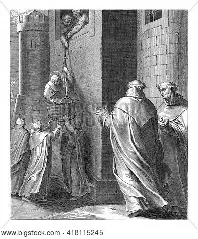 Thomas flees prison with the help of his brothers and sisters. In a basket he is lowered through the window on a rope.