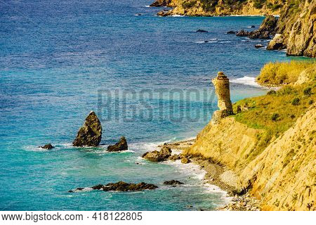 Spanish Coast Landscape In Andalucia. Cliffs Of Maro Cerro Gordo Natural Park, Near Maro And Nerja, 