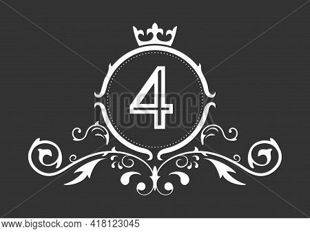 Stylized Number 4. Ornament And Crown Monogram Template For Business Cards, Logos, Emblems And Heral
